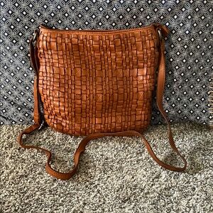 Brown Woven Leather Crossbody Bag with Adjustable Strap